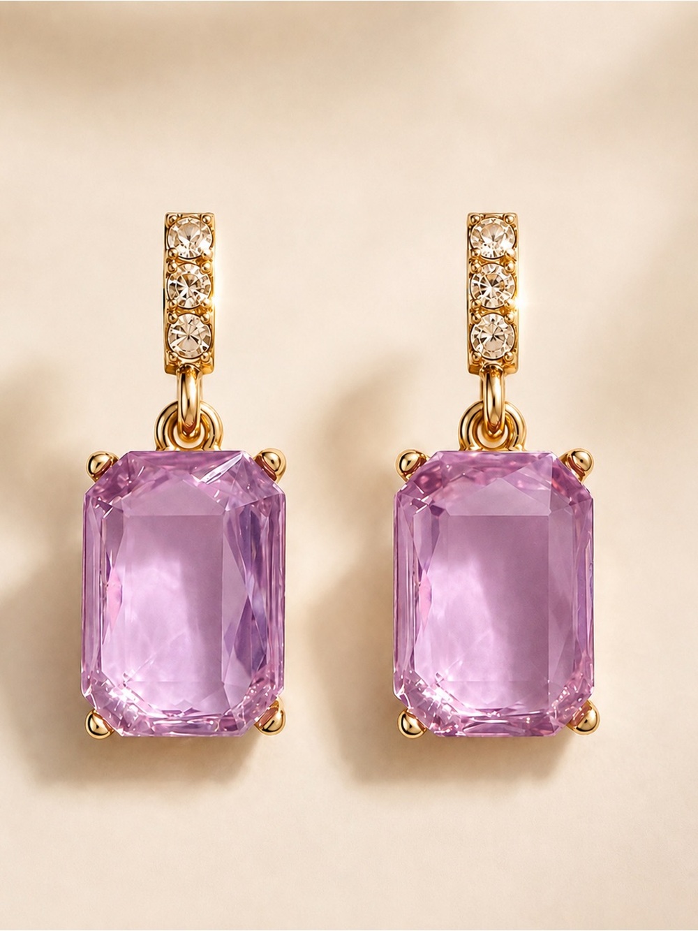 Emerald-Cut Crystal Drop Earrings – Lavender